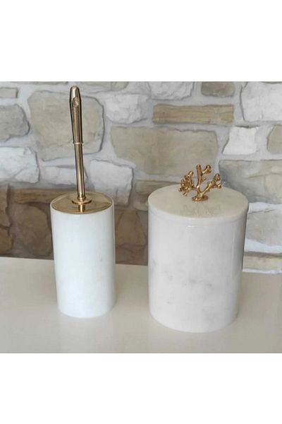 Sümeyra Marble Art Crystal White - Natural White Marble WC Brush and Marble Trash Can