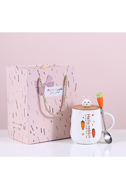 hediyeconcepti كوب سيراميك لطيف على شكل أرنب جزر سعة 400 مل مع ملعقة وغطاء