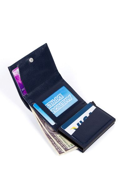 Newish Men's Leather Aluminum Mechanism Sliding Card Holder Wallet with Paper Money Compartment Navy Blue (7,5x10cm)