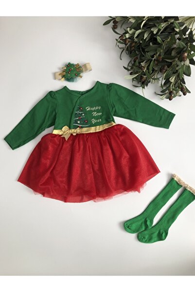 Puffin Baby Noel Christmas Tokası Ile Çamağacı Kırmızı Tütülü Elbise