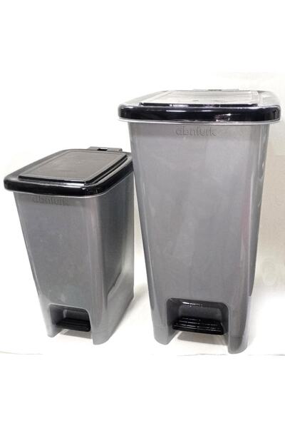 abnturk 2 Adet Büyükboy Pedallı Çöp Kovası 40+15 Litre Metalik Gri Arkaplan Kırılmaz Çelik Tel Mekanizmalı