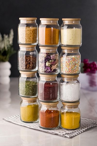 Depa Set of 12 Glass Jar with Bamboo Lid & Spice Set & Spice Bowl 250 Ml (Vacuum Lid)