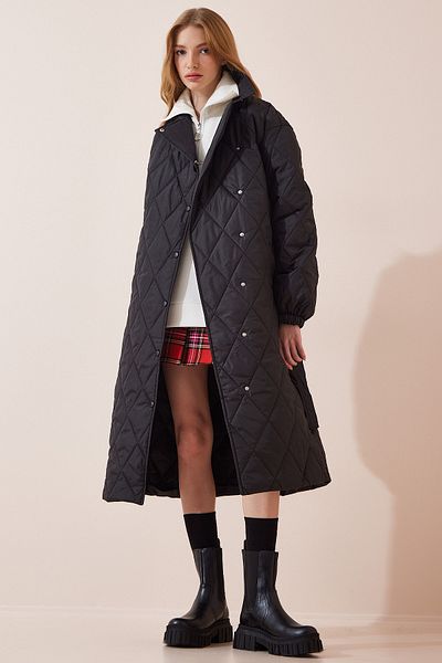 Happiness İstanbul Women's Black Turtleneck Oversize Quilted Coat FN02992