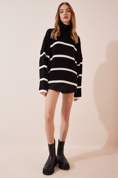 Happiness İstanbul Pulover de damă negru cu dungi oversize tricotaj DD01143