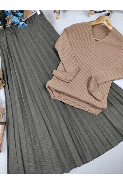 ALMİNA Cotton Diagonal Fabric Pleated Skirt