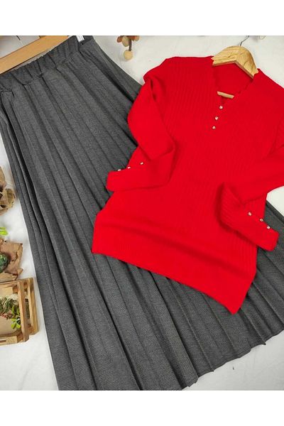 ALMİNA Cotton Diagonal Fabric Pleated Skirt