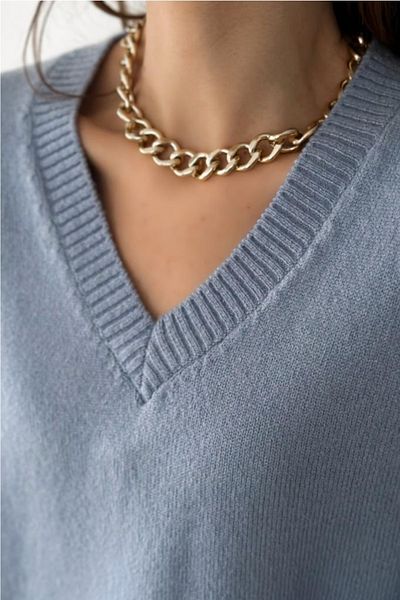 FEMELLE Pulover de damă, albastru baby, cu decolteu în V, mărime standard, tricotaj de bază, supradimensionat