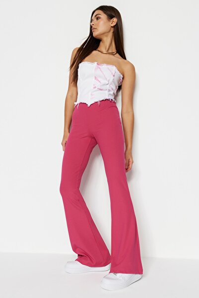 Trendyol Collection Fuchsia Ribbed Flare/Spanish Leg High Waist Knitted Leggings Trousers TWOSS23PL00135