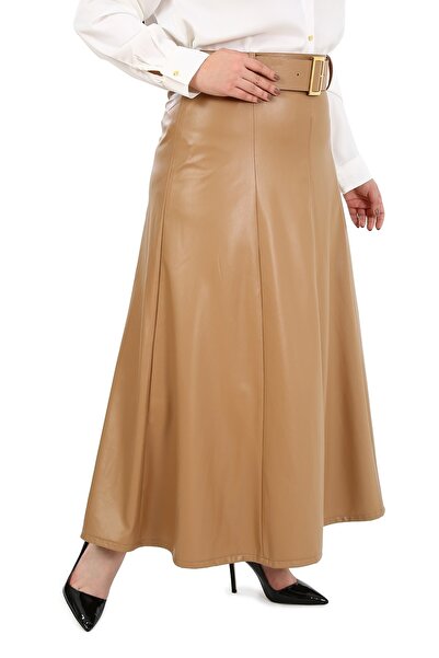 DISENTIS MODEST Large Size Belted Long Beige Leather Skirt