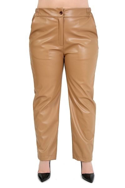 DISENTIS MODEST Plus Size Beige Leather Trousers with Elastic Waist and Side Pockets