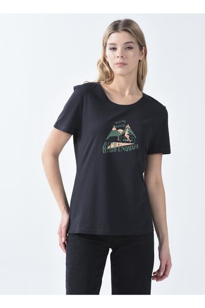 Denim Trip Bisiklet Yaka Baskılı Siyah Kadın T-shirt Dtkts03 Siyah