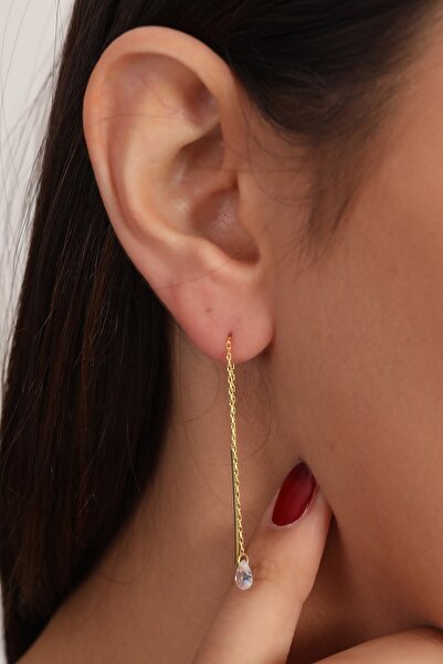 Bilsen Store 925 Ayar Gümüş Altın Kaplama Beyaz Damla Taşlı Sallanan Küpe