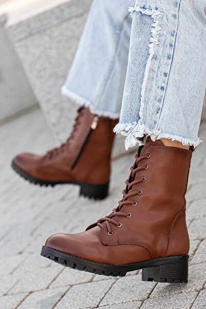 BOUIS Cizme plate rezistente la apă pentru femei, ocazional, cu șireturi, din piele artificială, cu fermoar, cu vârf rotund