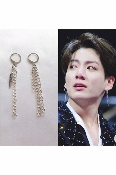 TakıConcept Bts Jk Jungkook Küpesi Zincirli Yaprak Figürlü