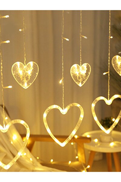 Genel Markalar Kalp Model Dekoratif Led Işık Perde Led Sarı Fişli