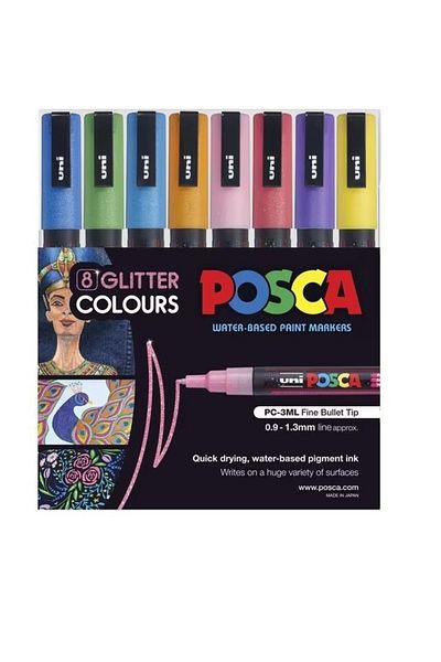 Uni Posca Pc-3m - Glitter Colors 0.9-1.3 Water Based 8 Color Painting Marker Set