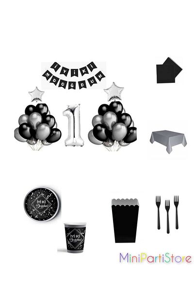 Mini Parti Mini Party Store Birthday Black Silver Set for 8 People