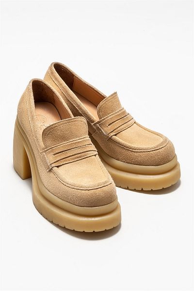 Elle Shoes Beige Leather Women's Heeled Shoes