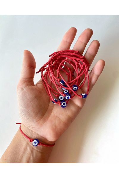 TAKI BY EKİN Set of 10 New Year's Gift Bracelets with Red String, Glass Evil Eye Beads and 10 Deer Gift Packages