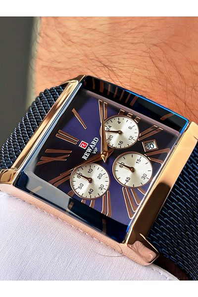 Reward Navy Blue Color Rose Gold Case Functions Active Men's Wristwatch + Bracelet Gift