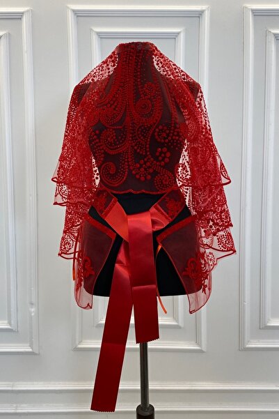 ZEYMERADE طقم حجاب زفاف منقوش بالكامل باللون الأحمر اللامع، حجاب الحناء