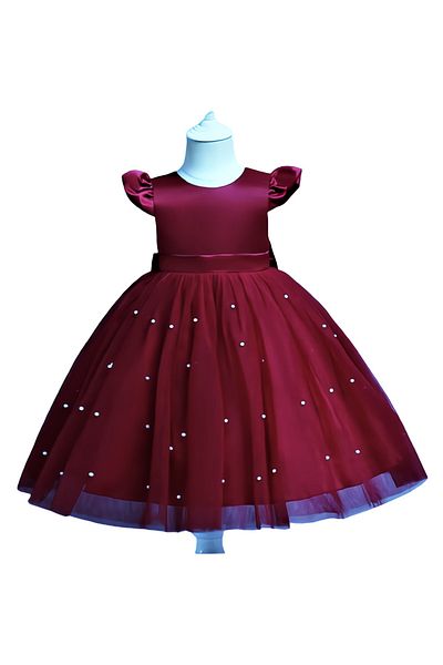 nsmkidslife Burgundy Girl's Birthday Wedding Graduation Ball Dress with Bow Detail