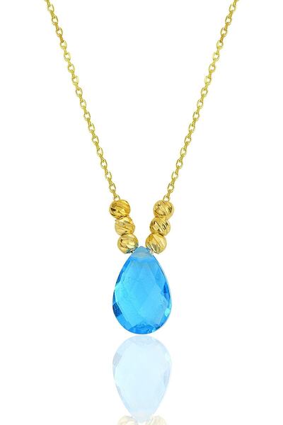 Bilsen Store 925 Ayar Gümüş Zincirli Altın Kaplama Dorika Toplu Aquamarin Dam...