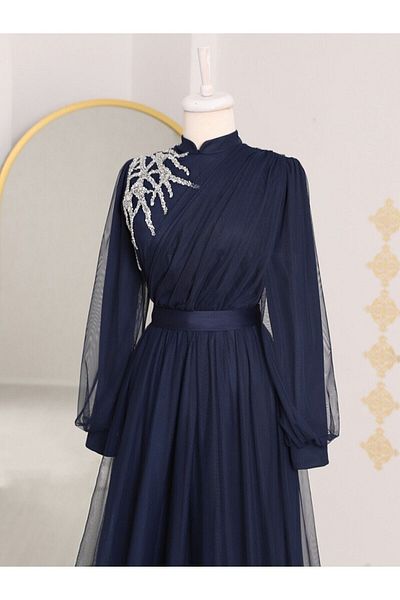 Modarana Draped Belted Tulle Evening Dress with Stone Detail on the Front
