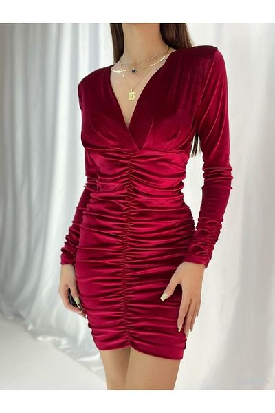 Secret Passion Lingerie Flexible Red Velvet Fabric Gathering Detailed Evening Dress & Graduation Dress 582011 716
