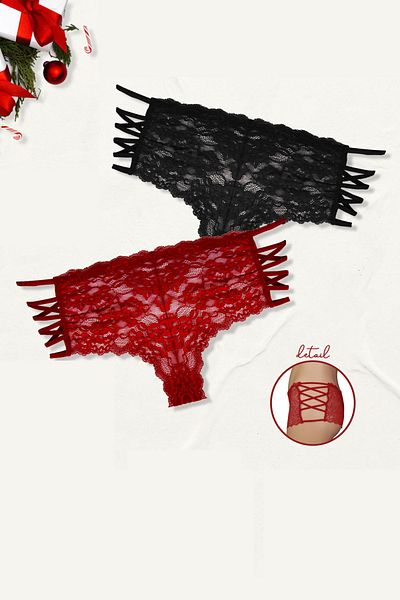 CALİA 2 Pieces Women's New Year's Special Series Red - Black Lace Boxers