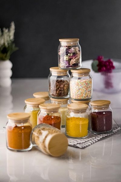 Depa Set of 12 Glass Jar with Bamboo Lid & Spice Set & Spice Bowl 250 Ml (Vacuum Lid)