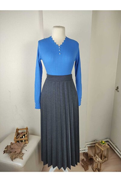 ALMİNA Cotton Diagonal Fabric Pleated Skirt