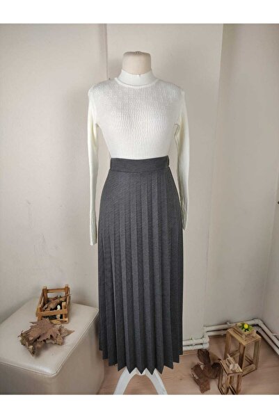 ALMİNA Cotton Diagonal Fabric Pleated Skirt