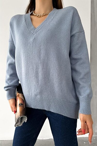 FEMELLE Női babakék V-nyakú standard méretű Oversize Basic kötöttáru pulóver