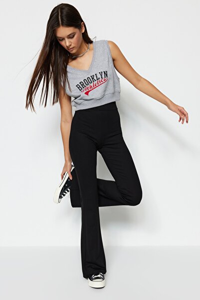 Trendyol Collection Μαύρο Fitilli Flare/Ισπανικό Παντελόνι Ψηλόμεσο, Ελαστικό, Πλεκτό TWOSS23PL00135