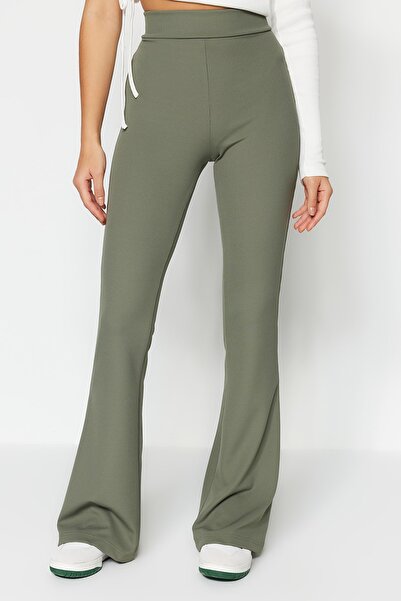 Trendyol Collection Khaki žebrovaný vzor/španělská noha Pletené legíny s vysokým pasem TWOSS23PL00135