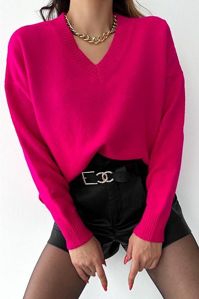 FEMELLE Pulover de damă, fucsia, cu decolteu în V, mărime standard, supradimensionat, tricotaj de bază