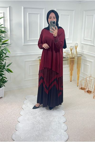 Aşkı Endam Heaven Large Size Skirt Suit Claret Red