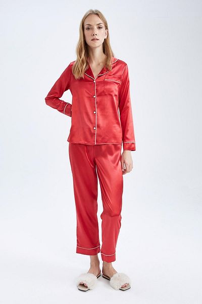 DeFacto Fall In Love Regular Fit Shirt Collar Satin Long Sleeve Pajama Top