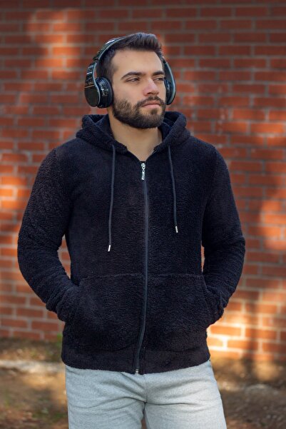 Azıcık Akıllı Мъжка черна плюшена мека жилетка с качулка, джобове и цип 22eckteres