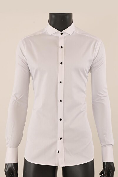 PİSERRO Uzun Kol Slim Fit Damatlık Beyaz Gömlek