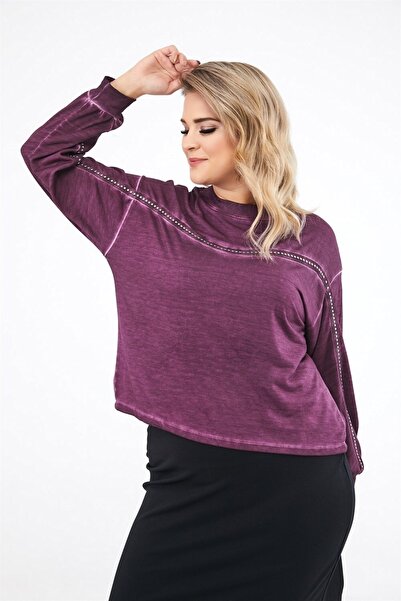 Seamoda Μπροστινό μέρος με λεπτομέρεια με καρφίτσα Oil Wash Crop Sweat-plum