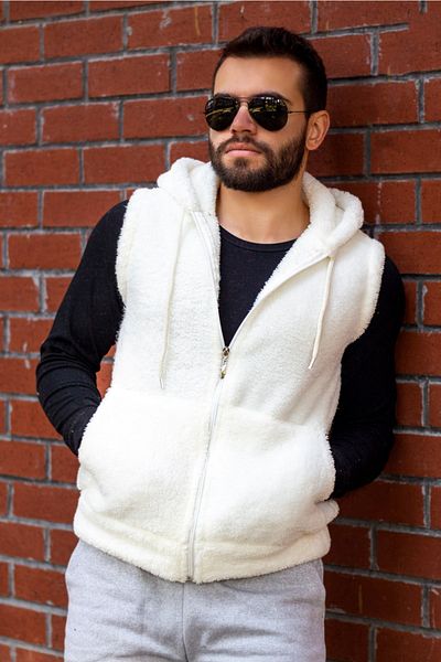 Azıcık Akıllı Men's Ecru White Plush Soft Zippered Hooded Vest 22eylkpelo