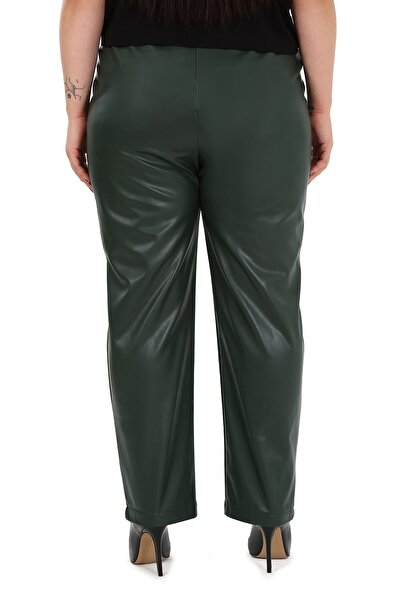 DISENTIS MODEST Khaki Leather Large Size Trousers - Side Elastics and Pockets