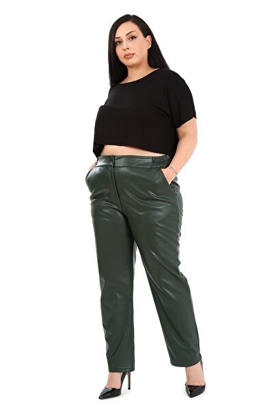 DISENTIS MODEST Khaki Leather Large Size Trousers - Side Elastics and Pockets