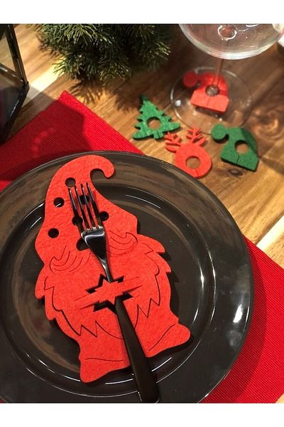 Masalsı Concept 6-Piece Felt New Year's Red Fork Spoon Holder and 6 Goblet Ornament New Year's Tableware Decor Presentation Set