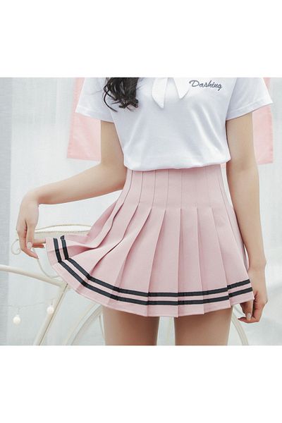 Köstebek Pink Pleated Skirt with Black Stripe Detail