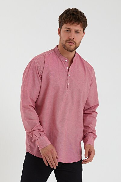 BUCADO Erkek Kırmızı Hakim Yaka Yarım Patlı Küçük Kareli Uzun Kollu Gömlek