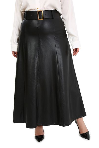 DISENTIS MODEST Large Size Belted Long Black Leather Skirt