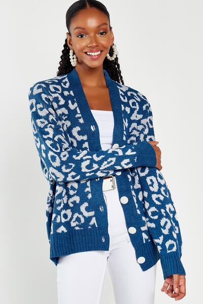 Hopoi Cardigan de damă cu model leopard indigo 10012
